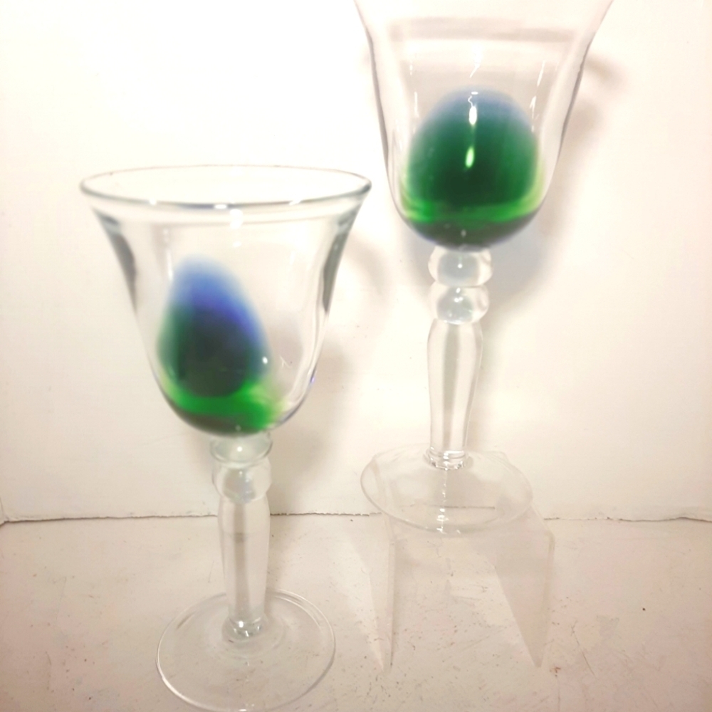 Pair of Pier 1 Cobalt Blue and Emerald Green Art Glass Gobkeys